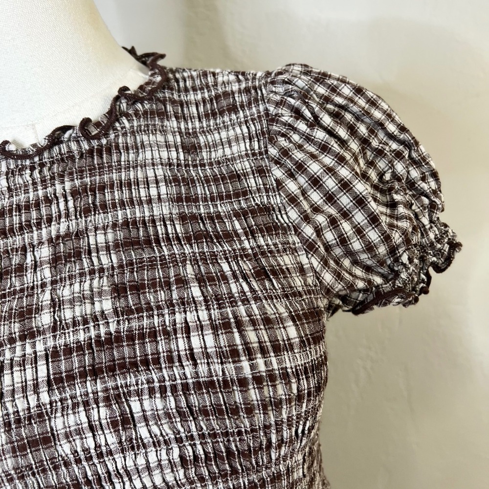RIHOAS Brown Gingham Smocked Mini Dress Cotton Puff Sleeve Cottagecore Medium - Picture 2 of 9